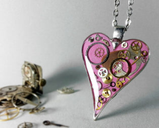 Dusty pink Steampunk Heart Pendant Heart Necklace Eco Resin Vintage Watch Parts Clockwork Necklace Upcycled Industrial Steampunk Jewelry by ByEmilyRay steampunk buy now online