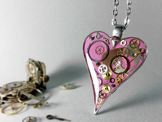 Dusty pink Steampunk Heart Pendant Heart Necklace Eco Resin Vintage Watch Parts Clockwork Necklace Upcycled Industrial Steampunk Jewelry by ByEmilyRay steampunk buy now online