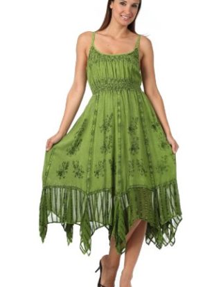 Sakkas 1011 Stonewashed Empire Waist Simple Floral Striped Crepe Handkerchief Hem Dress - Green - One Size steampunk buy now online