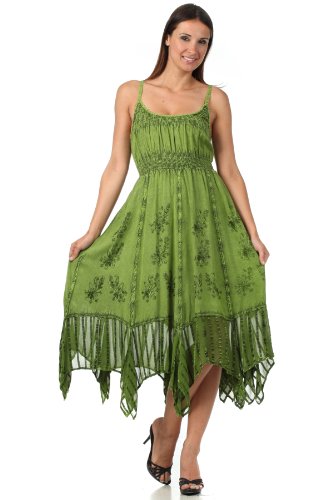 Sakkas 1011 Stonewashed Empire Waist Simple Floral Striped Crepe Handkerchief Hem Dress - Green - One Size steampunk buy now online