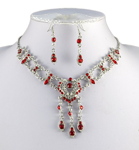 Jays Jewellery - Silver Tone Victorian Look Red Heart Drop Crystal Necklace & Earrings Set steampunk buy now online