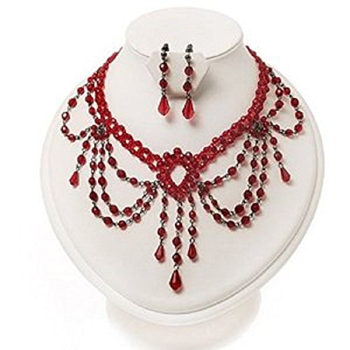 Red Beaded Burlesque Gothic Style Choker Necklace Earrings Jewellery Set for Women steampunk buy now online