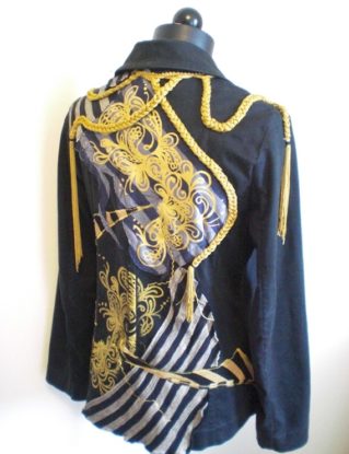 15% Off Steampunk Gold Braid Patchwork Print Peacoat Crazy Conductor Jacket Medium M Unique Handmade Upcycled Recycled Printed OOAK by mraur steampunk buy now online