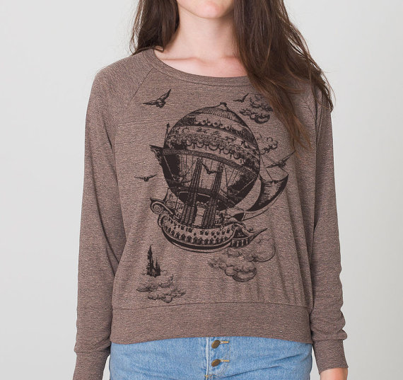 Vintage Steampunk Airship, Women's Raglan Pullover, Jersey Tri-blend Sweatshirt, Hot Air Balloon, Gift for Her by banyantreeclothing steampunk buy now online