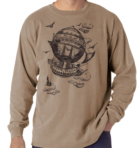 Airship, Men's long sleeve t-shirt, Vintage Steampunk T-shirt, Khaki t-shirt, Gift for Him by banyantreeclothing steampunk buy now online