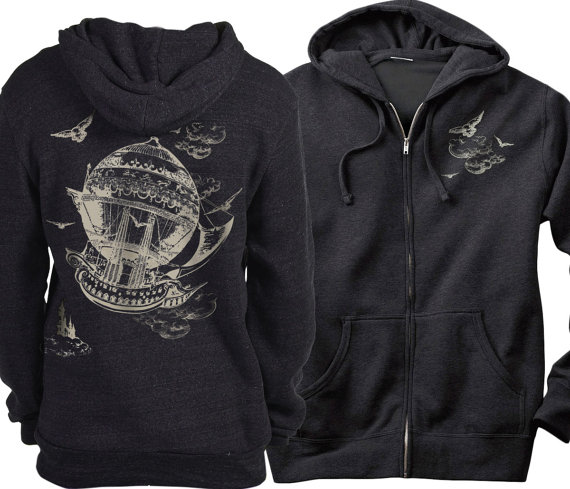 Steampunk Hoodie, Vintage Airship Hot Air Balloon Charcoal Heather unisex Fleece Zip Hoodie, Gift for men or women by banyantreeclothing steampunk buy now online