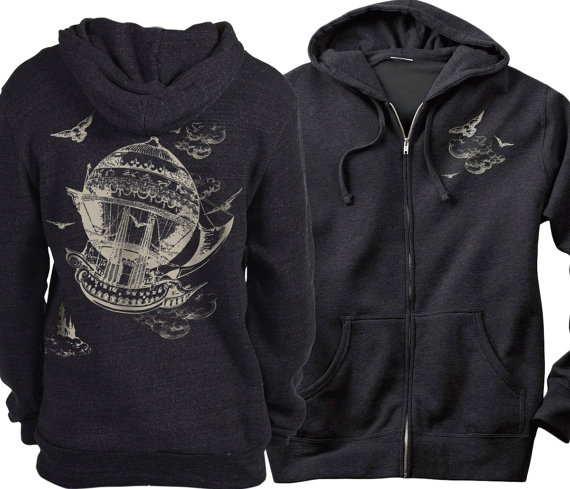 Steampunk Hoodie, Vintage Airship Hot Air Balloon Charcoal Heather unisex Graphic Hoodie, Gift by banyantreeclothing steampunk buy now online
