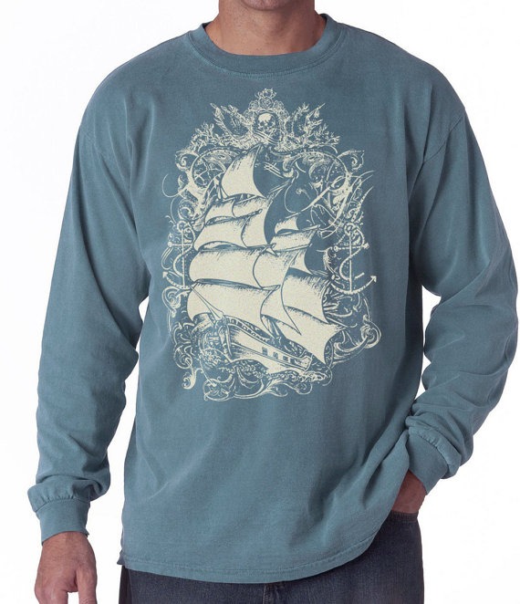 Pirate Ship T-shirt, Nautical T shirt, Sailing Ship t-shirt, Long Sleeve T-shirt, Sea Blue, Tall Ship, Gift for Him by banyantreeclothing steampunk buy now online