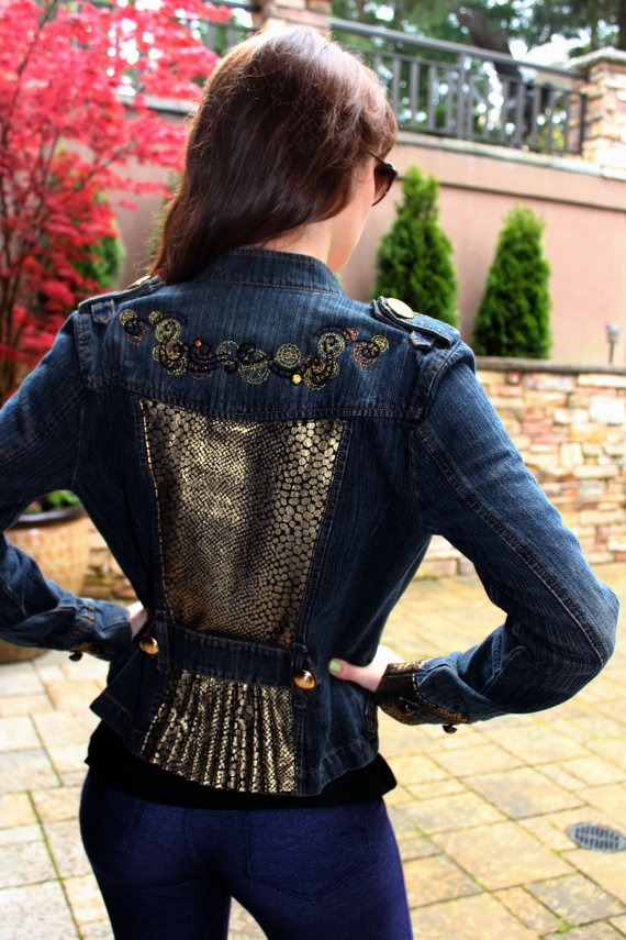Junior Jean Jacket (Sm) Steampunk, Military Style Denim Jacket- from our CARAUT-Altered collection of upcycled denim clothing by CARAUT steampunk buy now online