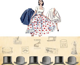 Vintage 50's Style Victorian Steampunk Hat Novelty Border Print Circle Skirt Made to Order Bowler and Top Hat Advertisements by ShawnaLayDesigns steampunk buy now online