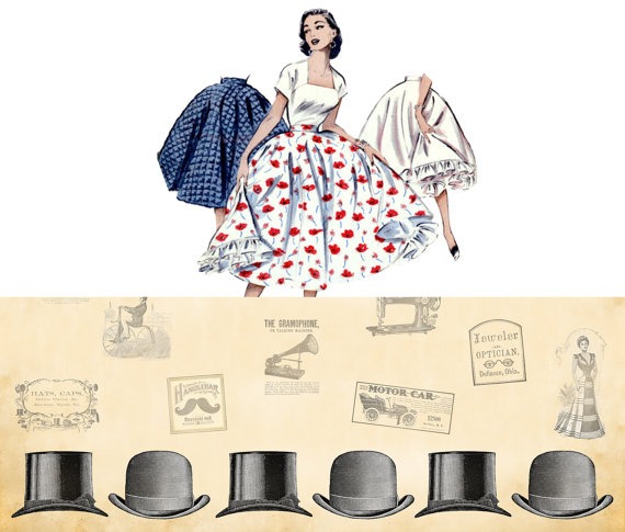 Vintage 50's Style Victorian Steampunk Hat Novelty Border Print Circle Skirt Made to Order Bowler and Top Hat Advertisements by ShawnaLayDesigns steampunk buy now online