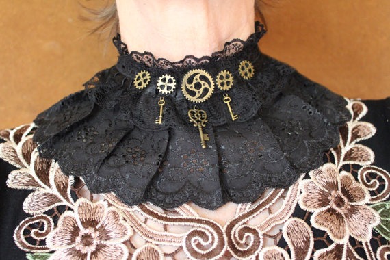 Steampunk collar Gothic Victorian lace collar necklace in black cotton with keys by TahliasMasks steampunk buy now online