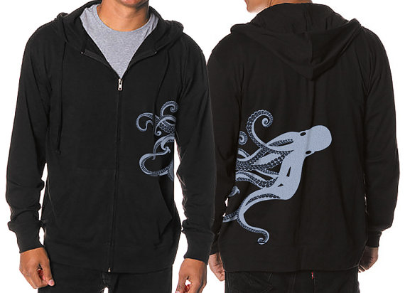 Octopus Hoodie, Kraken screen print, Octopus Steampunk Hoodie, Jersey Zip Hoodie, Gift by banyantreeclothing steampunk buy now online