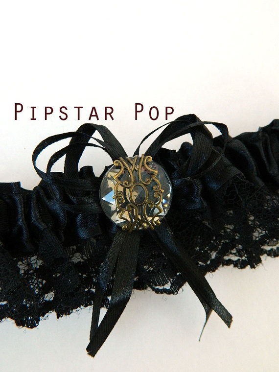 Black Garter with Smokey Gray gem - Fantasy fun wedding bridal garter (6 garter color, 12 gem color option) Gothic Victorian by PipStarPop steampunk buy now online