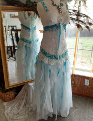 White aqua tattered American Native Indian look handmade unique bridal gown wedding dress by MarieDesignMD steampunk buy now online
