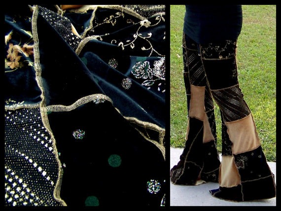 Steampunk Goth Hippie Clothes Patchwork Pant Upcycled Flow Flare Pant Bell Bottom Velvet Pant Gypsy Stretch Yoga Pixie Large Medium Hippy by LegendaryThreadz steampunk buy now online