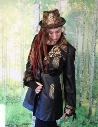 Steampunk Airbrushed Lamb Skin Jacket, One of a Kind Repurposed/Upcycled item, Black and Gold Paint by KineticCouture steampunk buy now online