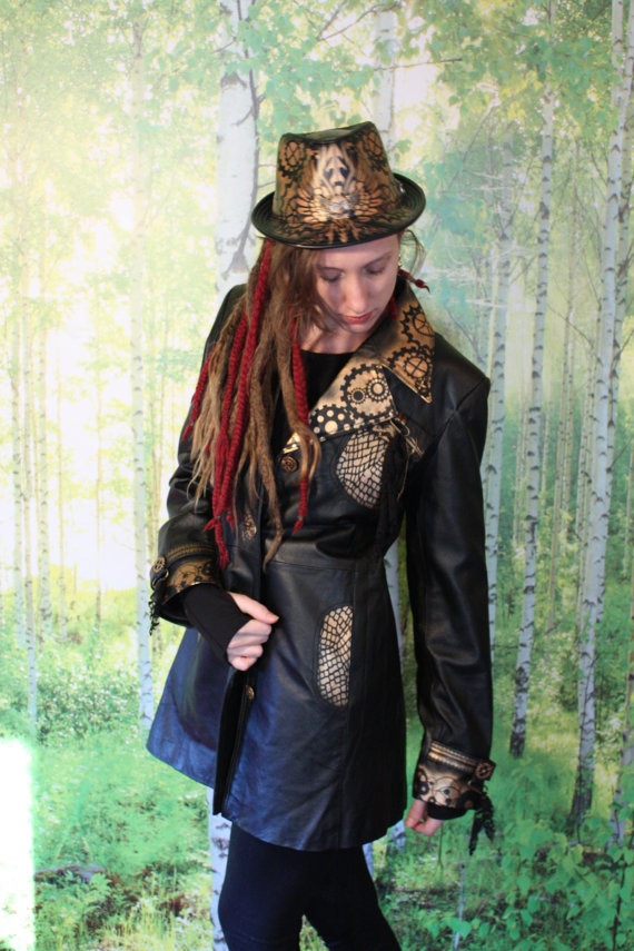 Steampunk Airbrushed Lamb Skin Jacket, One of a Kind Repurposed/Upcycled item, Black and Gold Paint by KineticCouture steampunk buy now online