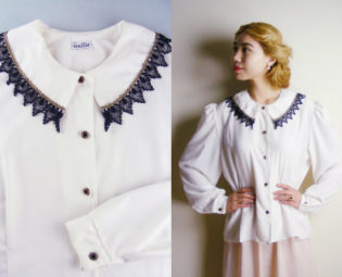 Vintage 1980s Victorian Style White Blouse - black lace trimmed collar - long sleeves (medium) by PrettyBonesJefferson steampunk buy now online