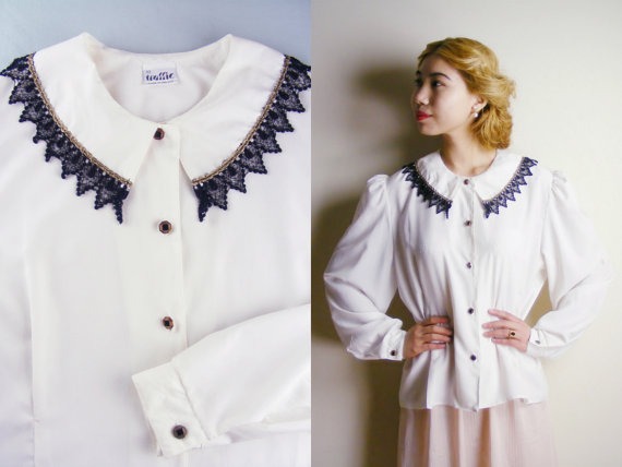 Vintage 1980s Victorian Style White Blouse - black lace trimmed collar - long sleeves (medium) by PrettyBonesJefferson steampunk buy now online