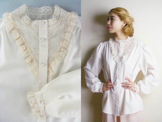 Vintage 1970s Victorian Edwardian Style White Blouse - High Neck Lace Collar - Long Sleeves (small medium) by PrettyBonesJefferson steampunk buy now online