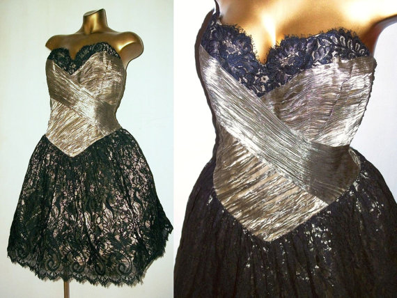 10 SEXY Silk Lillie Rubin Dress POUF Strapleses Ruched GOLD Black Lace Stunning Chris Kole by EverybodysVintage steampunk buy now online