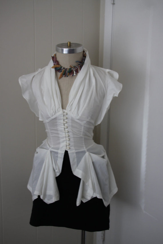 White Size S Button Down Victorian Style Bustle Steampunk Tailcoat V-neck gathered Collar Blouse Pirate*Vampire by Flinglationship steampunk buy now online