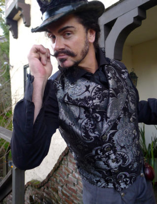 Black and Silver Tapestry Steampunk Victorian Double Breasted Lapeled Gentlemen's Vest and Black Lace Shirt by dashandbag steampunk buy now online