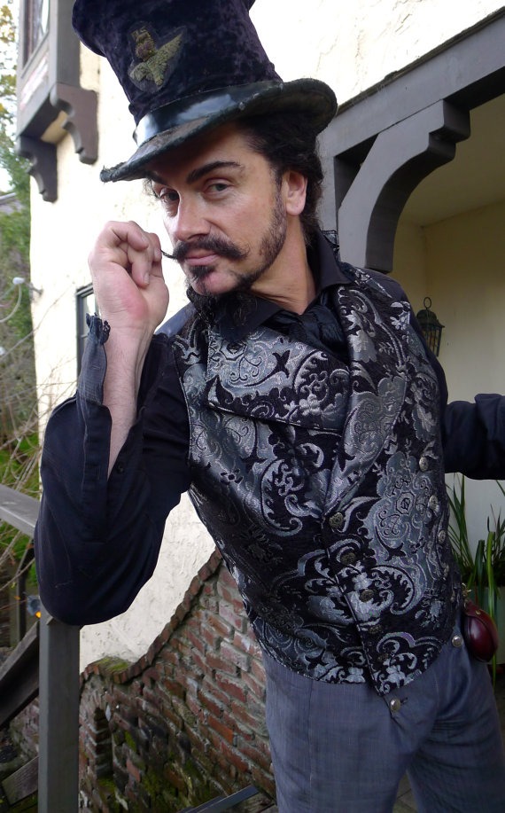 Black and Silver Tapestry Steampunk Victorian Double Breasted Lapeled Gentlemen's Vest and Black Lace Shirt by dashandbag steampunk buy now online