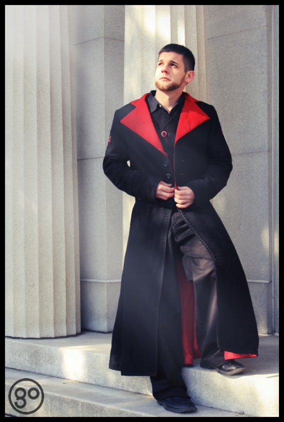 Men's Gothic Steampunk Coat - Vampire Duster Black Wool with Red Accents -Custom to your size by KMKDesignsllc steampunk buy now online