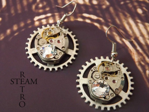 10% off sale16 Clear Swarovski Crystal Steampunk Watch mechanism Earrings - Steampunk Jewelry by Steamretro -Christmas gift by SteamRetro steampunk buy now online