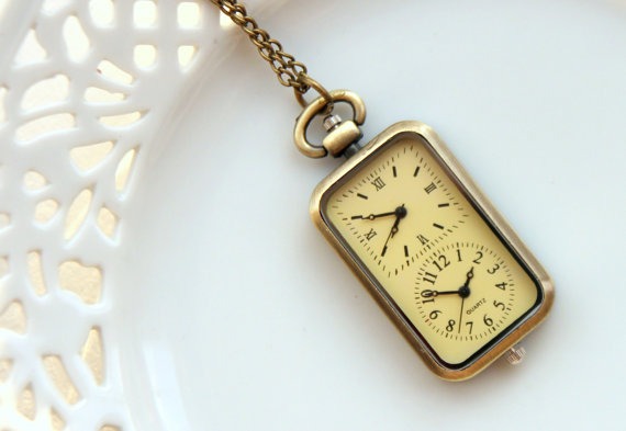 Double Clock, Pocketwatch, Antique Brass Pocket Watch, Vintage Retro, Necklace, Steampunk Charm, Travel (PW04) by Warehouse11NL steampunk buy now online