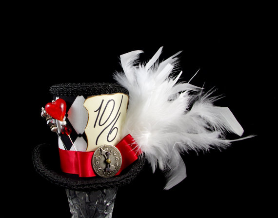 Queen of Hearts - Black, White, and Red Harlequin Medium Mini Top Hat Fascinator, Alice in Wonderland, Mad Hatter Tea Party, Derby Hat by TheWeeHatter steampunk buy now online