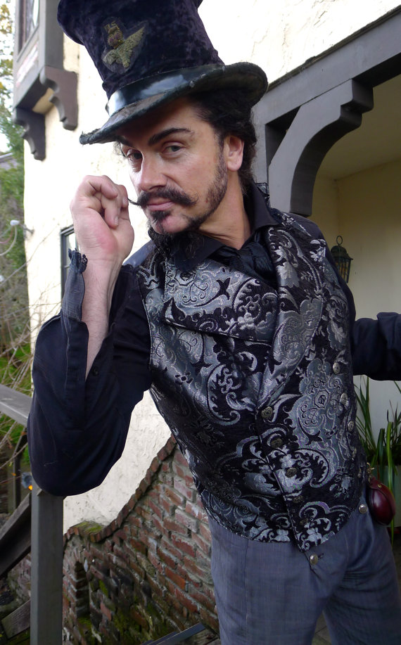 Black and Silver Tapestry Steampunk Victorian Double Breasted Lapeled Gentlemen&#039;s Vest and Black Lace Shirt by dashandbag steampunk buy now online
