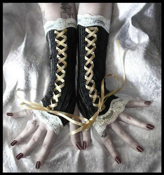 Time Traveler's Daughter Victorian Corset Laced Up Arm Warmers - Brown Pinstriped Velvet Ivory Lace & Pale Gold - Steampunk Vampire Wedding by ZenAndCoffee steampunk buy now online