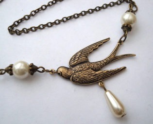Bird necklace swallow and pearls brass charm antique bronze vintage inspired style by PirateTreasures steampunk buy now online