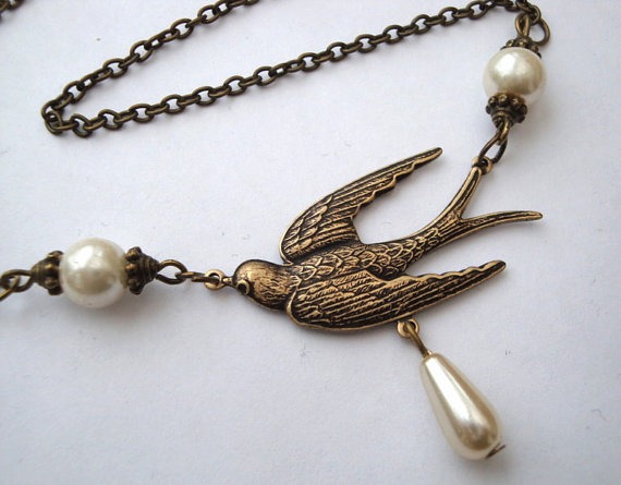 Bird necklace swallow and pearls brass charm antique bronze vintage inspired style by PirateTreasures steampunk buy now online