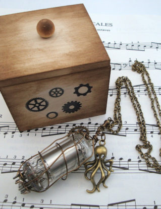 Steampunk necklace vacuum tube valve wire wrapped with cog, octopus and wooden box by PirateTreasures steampunk buy now online