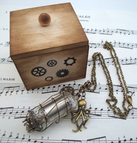 Steampunk necklace vacuum tube valve wire wrapped with cog, octopus and wooden box by PirateTreasures steampunk buy now online