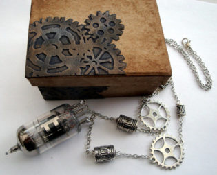 Steampunk necklace vacuum tube valve with silver cogs decorated box by PirateTreasures steampunk buy now online