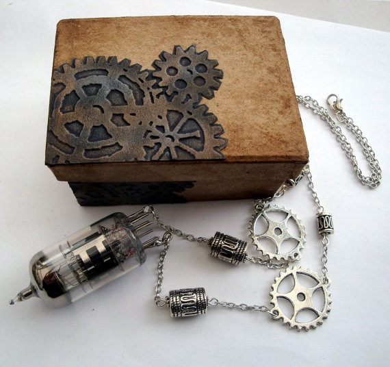 Steampunk necklace vacuum tube valve with silver cogs decorated box by PirateTreasures steampunk buy now online