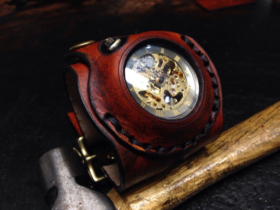Steampunk pocket watch style leather wrist watch by SkinzNhydez steampunk buy now online