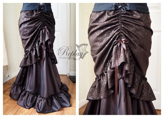 Handmade Brown Bustle Fishtail Skirt Victorian Steampunk Frills Goth Overskirt Apron drapery by handmadebyreplay steampunk buy now online