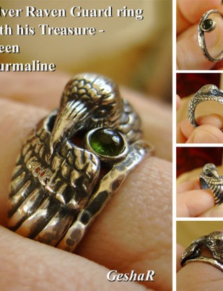 Silver Raven Ring with Green Tourmaline Companion - Sculpted Double Ring in Sterling Silver with Patina - Black Raven by GeshaR steampunk buy now online