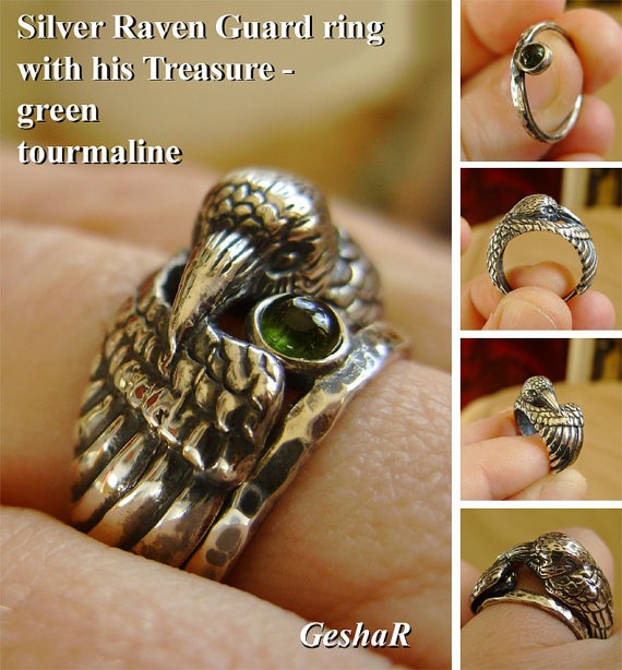 Silver Raven Ring with Green Tourmaline Companion - Sculpted Double Ring in Sterling Silver with Patina - Black Raven by GeshaR steampunk buy now online