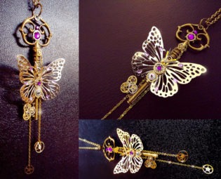 Steampunk key necklace, butterfly necklace, steampunk butterfly, crystal key necklace, filigree necklace, magic, bronze key necklace, OOAK by CindersJewelryDesign steampunk buy now online