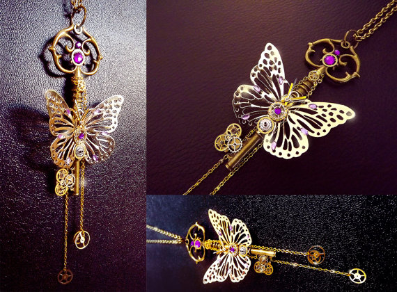 Steampunk key necklace, butterfly necklace, steampunk butterfly, crystal key necklace, filigree necklace, magic, bronze key necklace, OOAK by CindersJewelryDesign steampunk buy now online