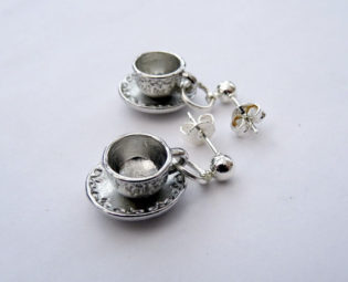Tea cup earrings silver teacup charm vintage style charms kitsch jewelry studs Alice in Wonderland tea party theme by PirateTreasures steampunk buy now online