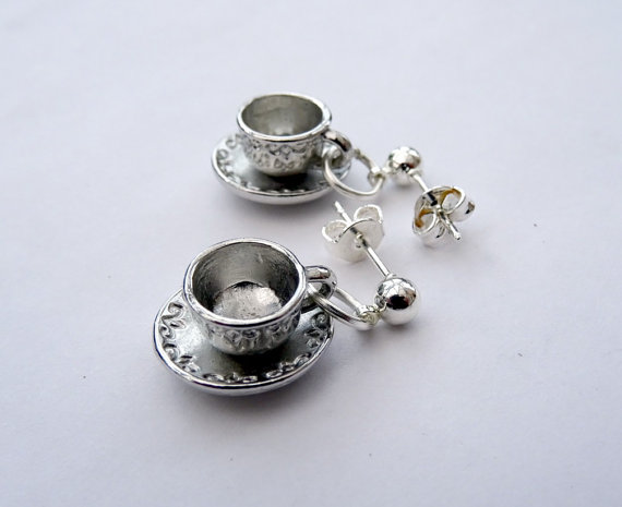 Tea cup earrings silver teacup charm vintage style charms kitsch jewelry studs Alice in Wonderland tea party theme by PirateTreasures steampunk buy now online