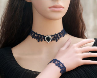 Dark Navy Blue Lace Choker Necklace and Bracelet Set by FairybyFoxie steampunk buy now online